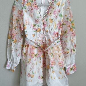 L'ATISTE White Floral Long Sleeve Tie-Waist Dress
